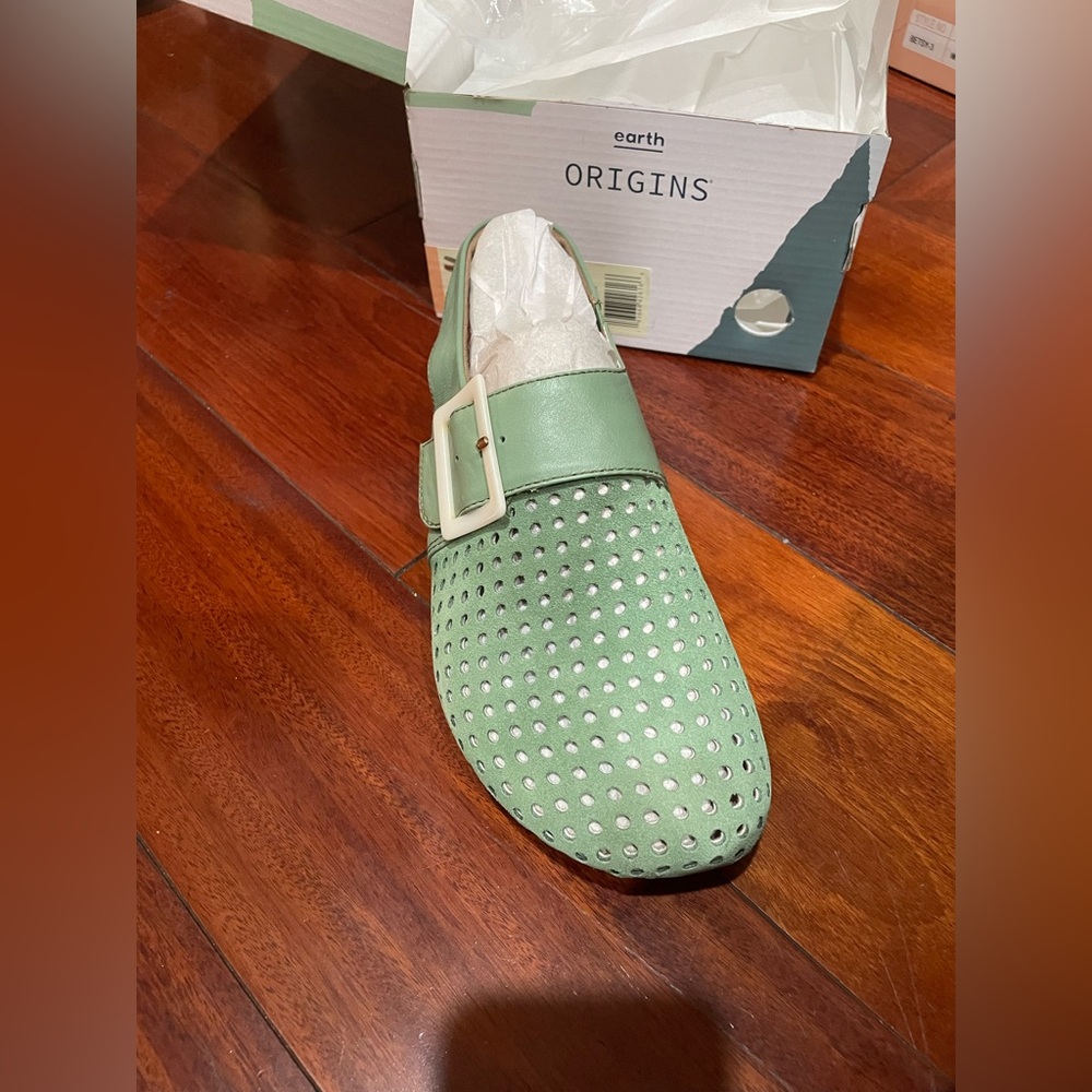 Earth Origins Sage Green Perforated Leather Slip-On Clogs with Buckle - Picture 2 of 5